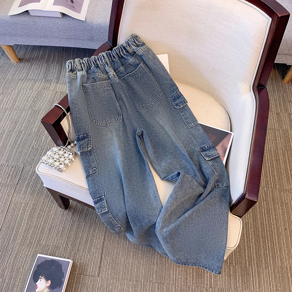 Street Style Plus Size Jeans Women's Casual Pants Gray All-In-One Overalls Multi-Pocket Commuter Denim Pants