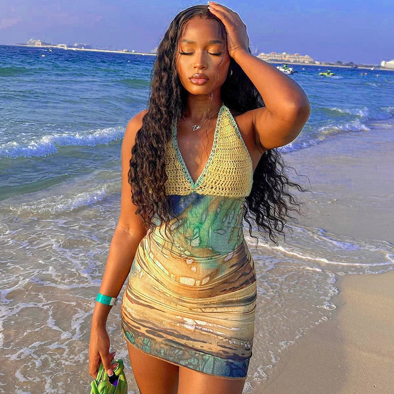 Halter Knitted Scenery Print Backless Lace Up Sexy Mini Dress Women Fashion Clothes