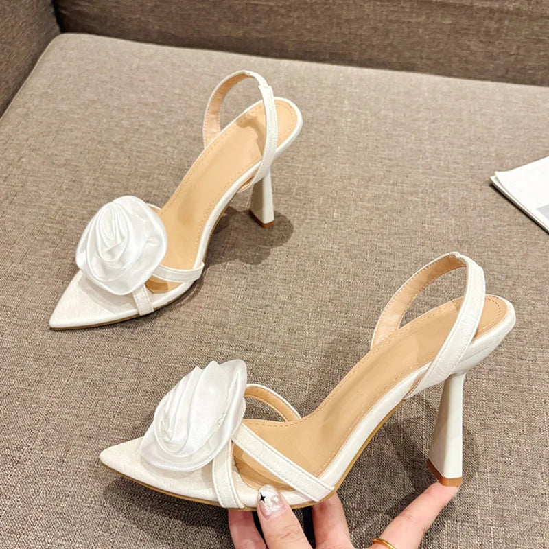 Fashion Silk Rose Flowers Pointed Open Toe Back Strap Women High Heels
