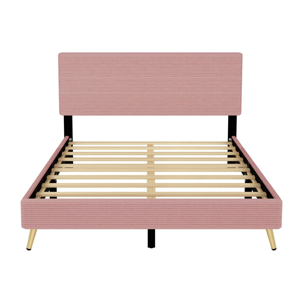 Pink 2 Pieces Bedroom Sets Queen Size Upholstered Bed Frame, Modern Corduroy Storage Ottoman