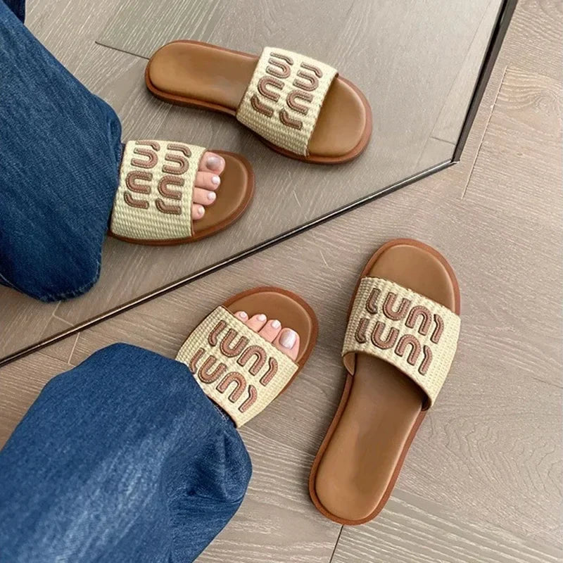 Vintage Woven Women's Sandals Fashion Letter Woven Flat Slippers