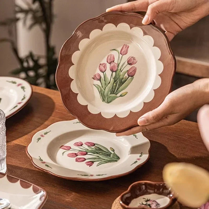 Retro Tulips Flower Ceramic Light Luxury Exquisite Dessert Plate