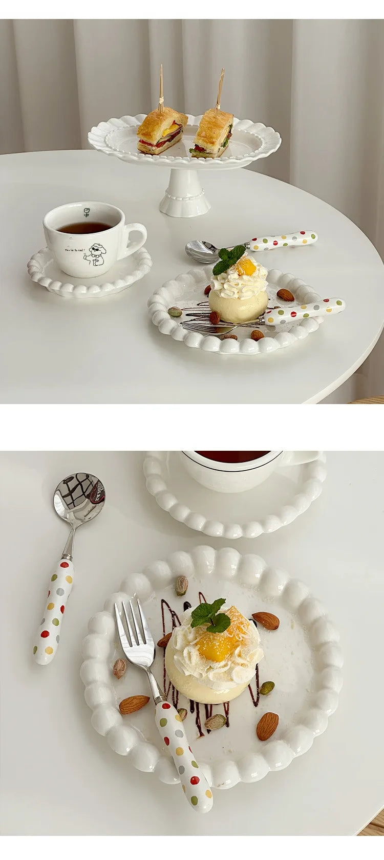 White/Yellow Beads Ceramic Plate Round Tableware Main Dish Decorative Plate Kitchen Utensils