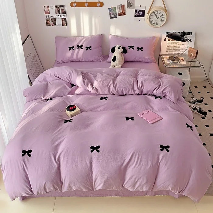 Girls Bedding Set with Bow Korean Breathable Duvet Cover No Filler Flat Sheet Pillowcases Mix Color Comforter Cover Set