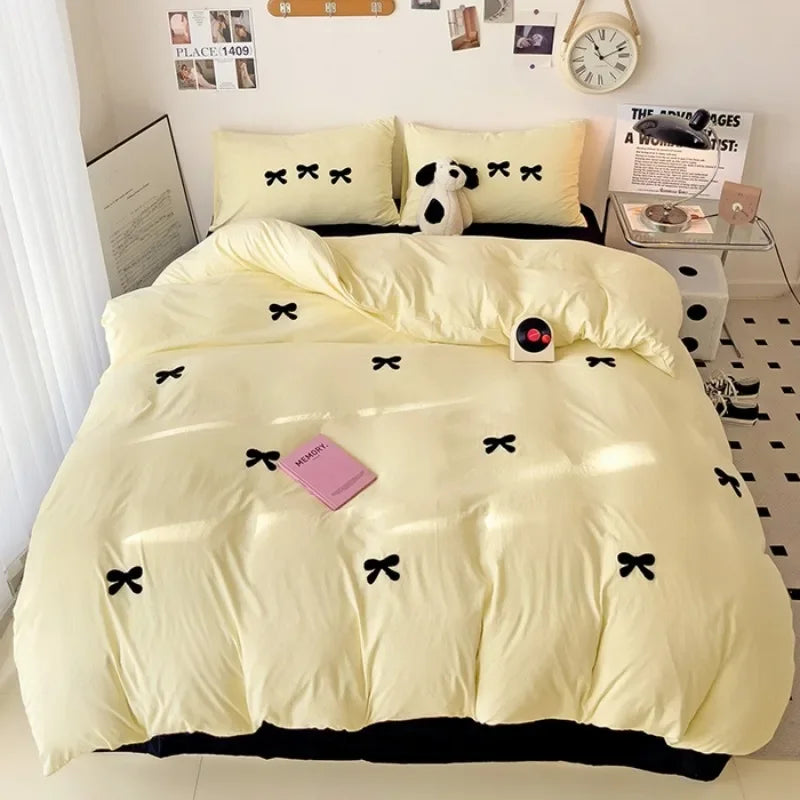 Girls Bedding Set with Bow Korean Breathable Duvet Cover No Filler Flat Sheet Pillowcases Mix Color Comforter Cover Set