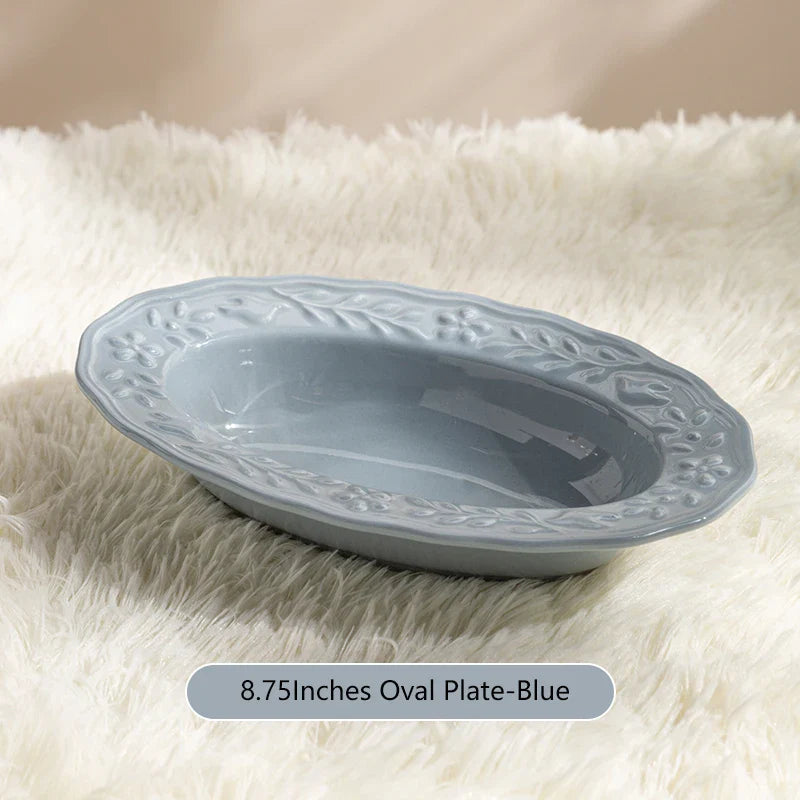 Glossy Solid Ceramic Serving Plate Floral Print Cute Bowl Versatile Dishes Simple Kitchen Tablewares