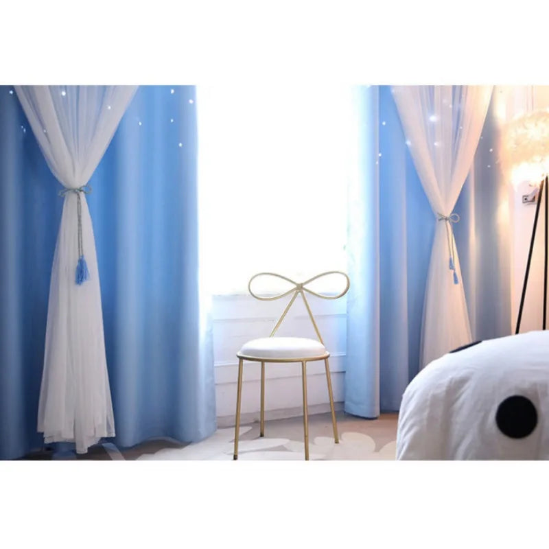 Double-Deck Princess Curtains for Living Room Hollow Stars Lace Curtain for Bedroom Shade Curtain Tulle Cloth