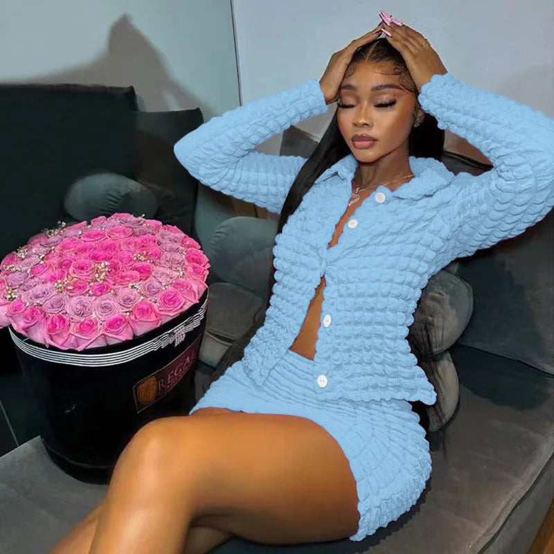 Cute 2 Two Piece Set Women Skirt Long Sleeve Button Top+Mini Skirt