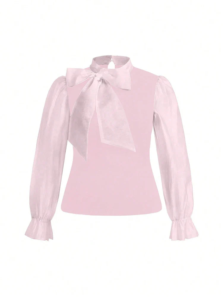 Plus Size Women's Elegant Contrast Bow Tie Long Sleeve A-Line Office Work Shirt Business