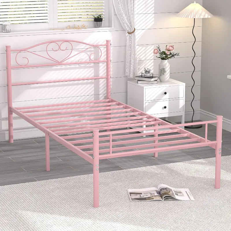 Pink Twin Size Metal Platform Bed Frame with Headboard and Footboard, Heavy Duty Mattress Foundation with Steel Slats Support 14 Inch