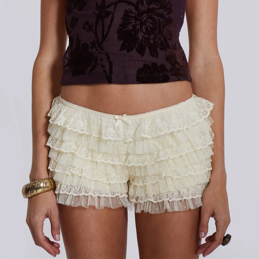 Women Mesh Lace Bloomer Shorts Y2k Layered Ruffle Frilly Booty Shorts Fairy Bowknot Sexy Boy Shorts