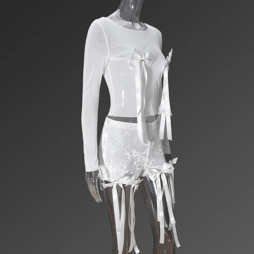 Women's Set Bow O-Neck Mesh Long Sleeve Tops + Velvet Shorts Sexy Two 2 Piece Outfit