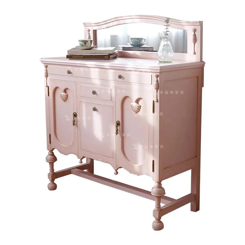 French Solid Wood Pink Studio Makeup Table with Mirror