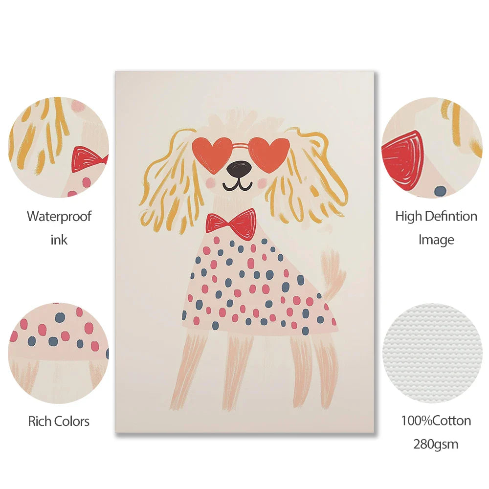 Cool Poodle Wall Art Cute Dog with Sunglasses Rabbit Colorful Kids Room Decor Modern Nursery Art Party Animal Illustration