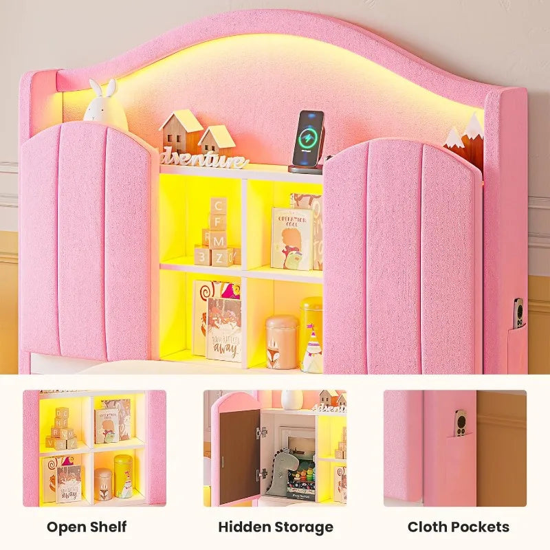 Pink Twin Bed Frame with LED Lights, Princess Velvet Upholstered Platform Bed , Headboard with Charging Station & Hidden Storage