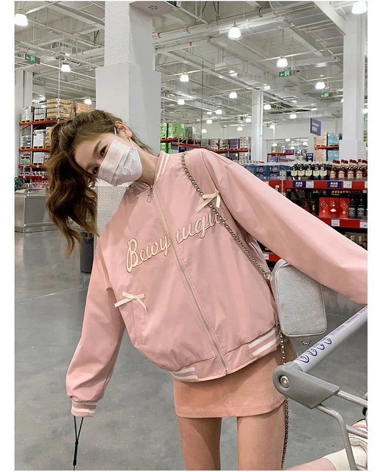 Sweet Butterfly Knot Pink Baseball Jacket Women's Spring Autumn Casual Loose Fit round Neck Full Sleeve Fashionable Coat