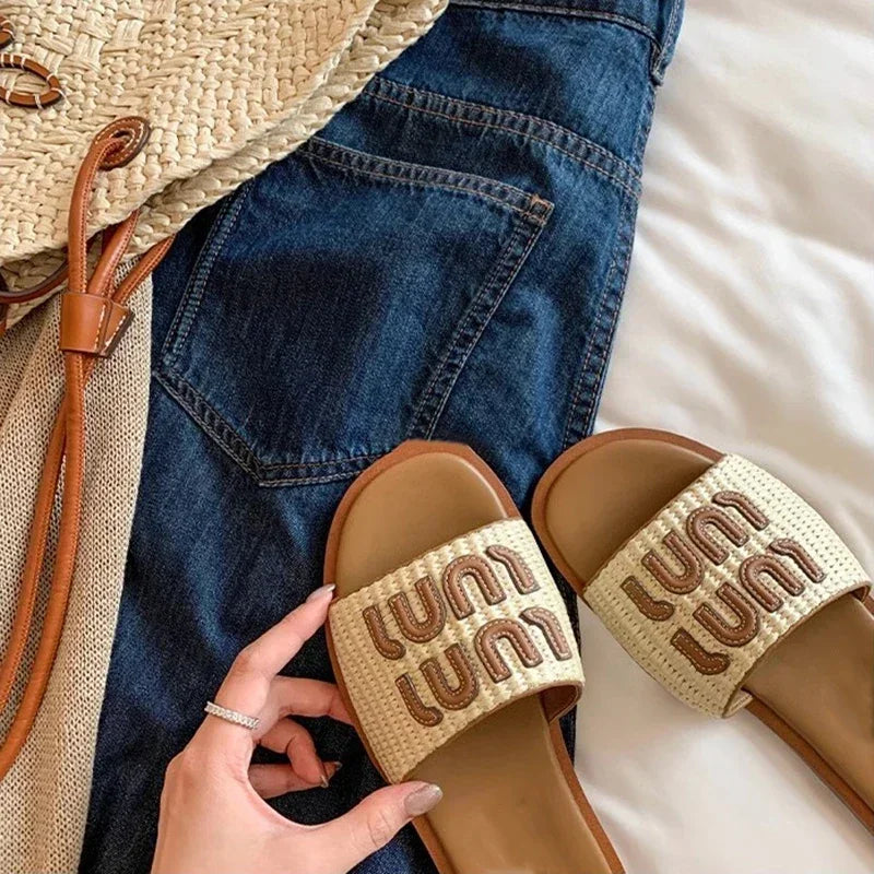 Vintage Woven Women's Sandals Fashion Letter Woven Flat Slippers