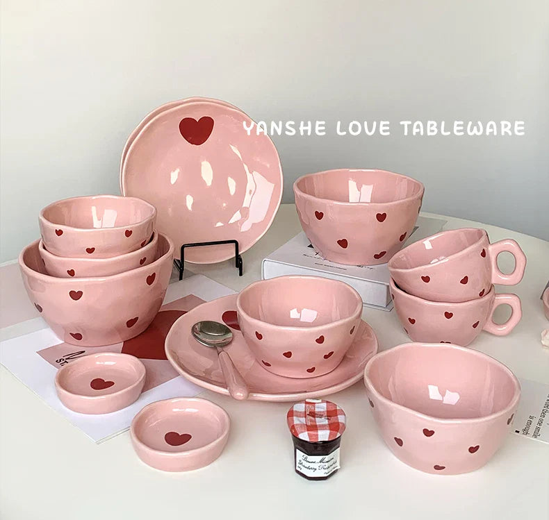 Pink Heart Pattern Ceramic Plate l Cup Bowl Dinner Tableware
