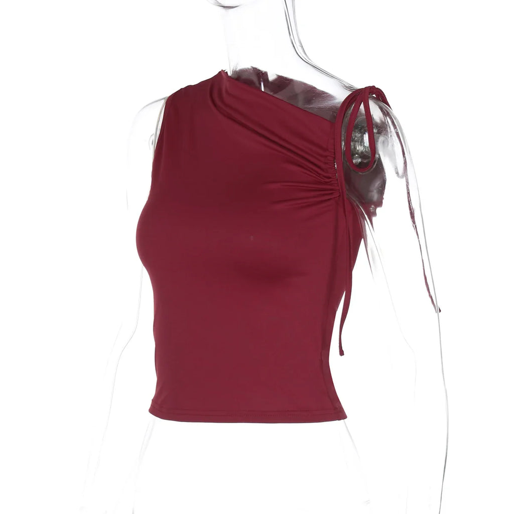 Sleeveless Skew Collar Ruched Lace Up Bodycon Crop Top Sexy Elegant l