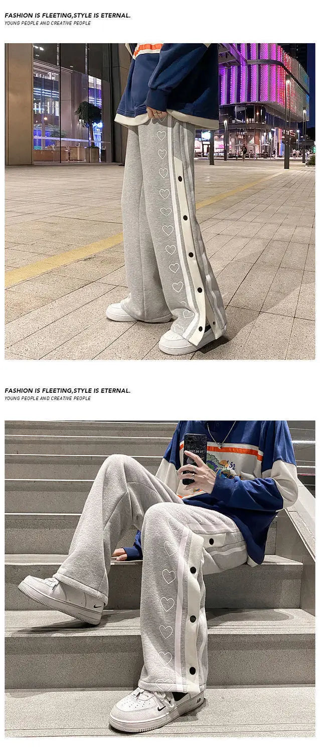 Harajuku Wide Leg Sweatpants Oversize Men Streetwear Side Button Baggy Pants Casual Hearts Sport Split Basketball Women Track Trousers