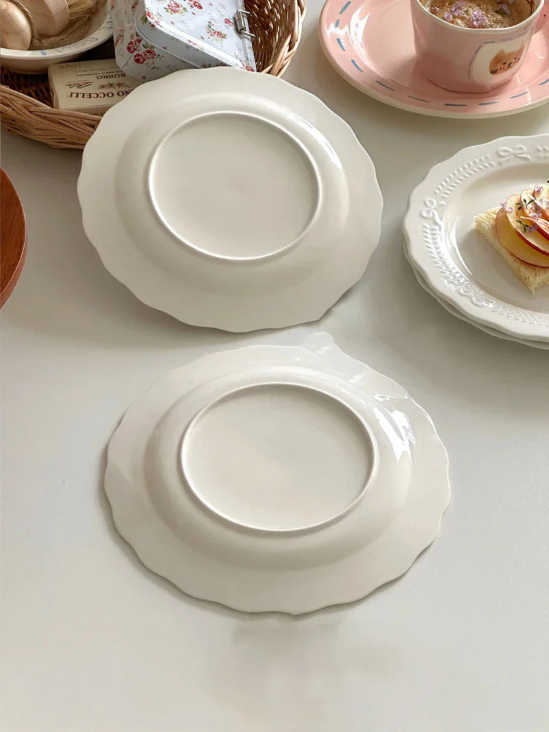 White Bow Embossed Ceramic Plate Dish Simple Dessert Disc 20.5cm Tableware