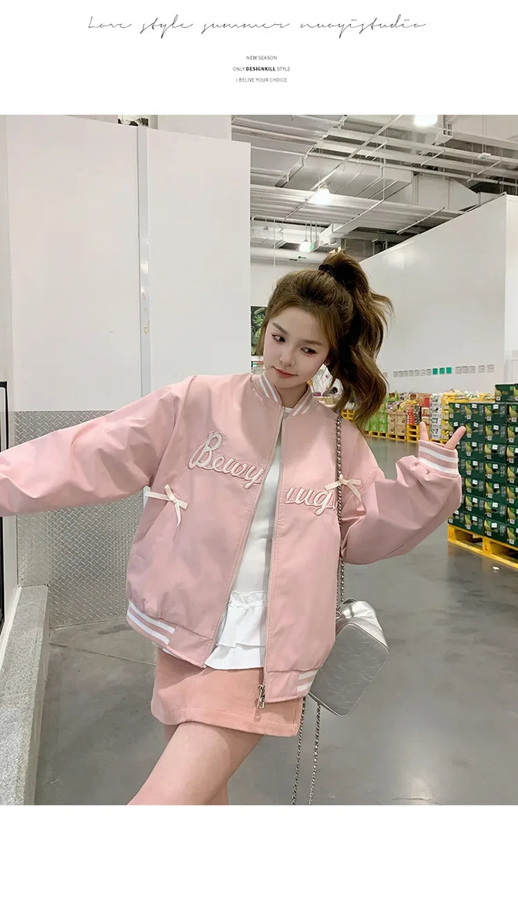 Sweet Butterfly Knot Pink Baseball Jacket Women's Spring Autumn Casual Loose Fit round Neck Full Sleeve Fashionable Coat