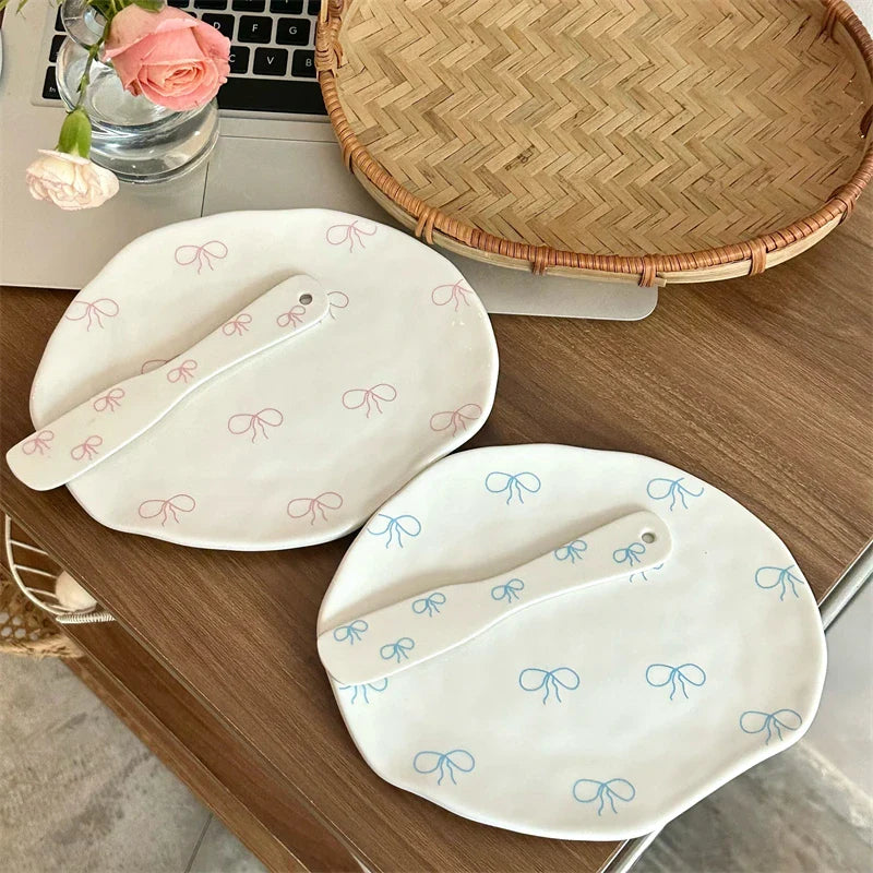 Cute Bowknot Kawaii Ceramic Plate For Cake Food Dinner Breakfast Ins Dessert Salad Decorative Dish 8 inch