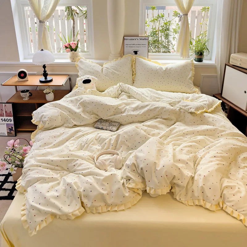 Princess Style Flowers Ruffles Soft Skin-friendly Duvet Cover Set Pillowcases Bedding Set