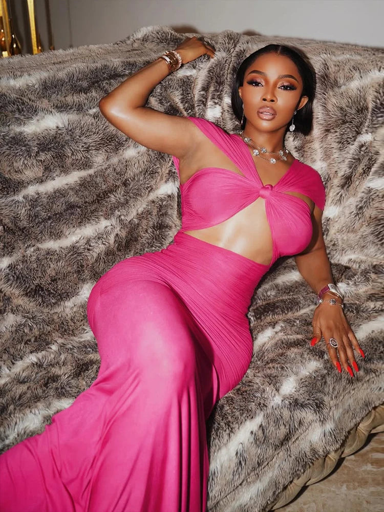 Sexy Hollow Maxi Dress Women V-Neck Off Shoulder Ruched Dress