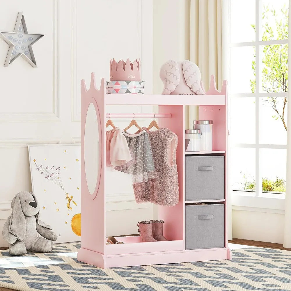 Kids Armoire Wardrobe Closet with Mirror and Storage Bin, Pink,  33.4 in W x 15.75 in D x 44.5 in H
