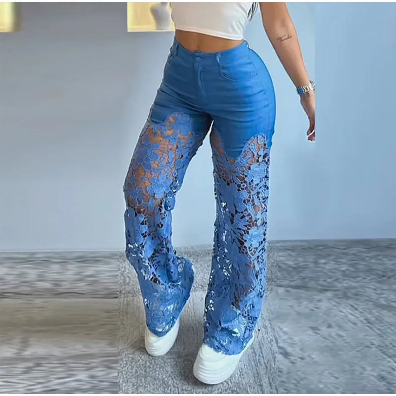 Vintage Hollow Out Lace Flowers Lady Jeans Loose Straight Denim Pants High Street Elegant Summer New Trousers Chic Fashion Pant