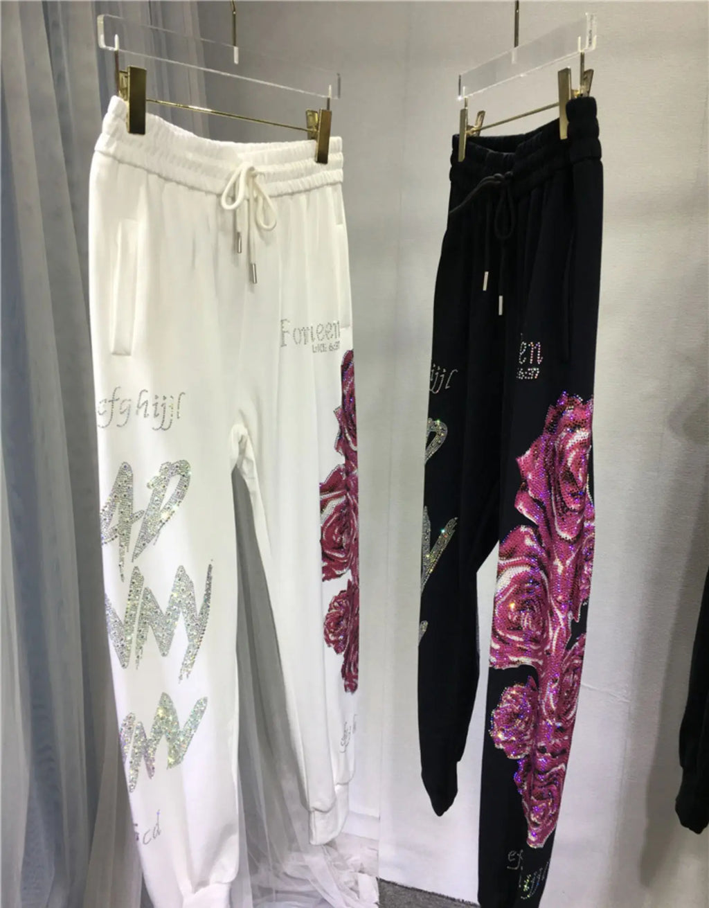 XL-4XL Plus Size Women's Pants Rhinestone Flower Big Size Sweatpants Casual Streetwear High Waisted Baggy Pants Woman