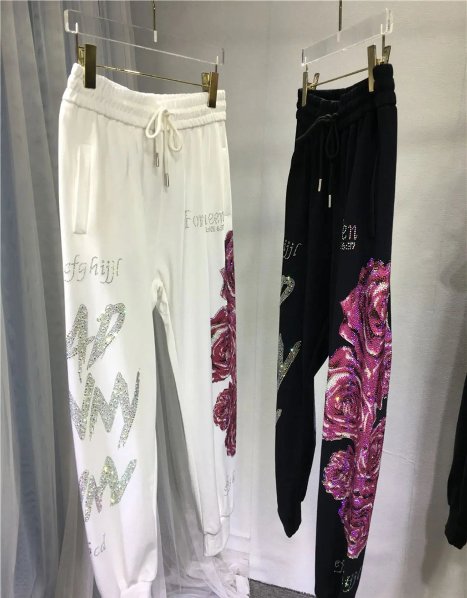 XL-4XL Plus Size Women's Pants Rhinestone Flower Big Size Sweatpants Casual Streetwear High Waisted Baggy Pants Woman