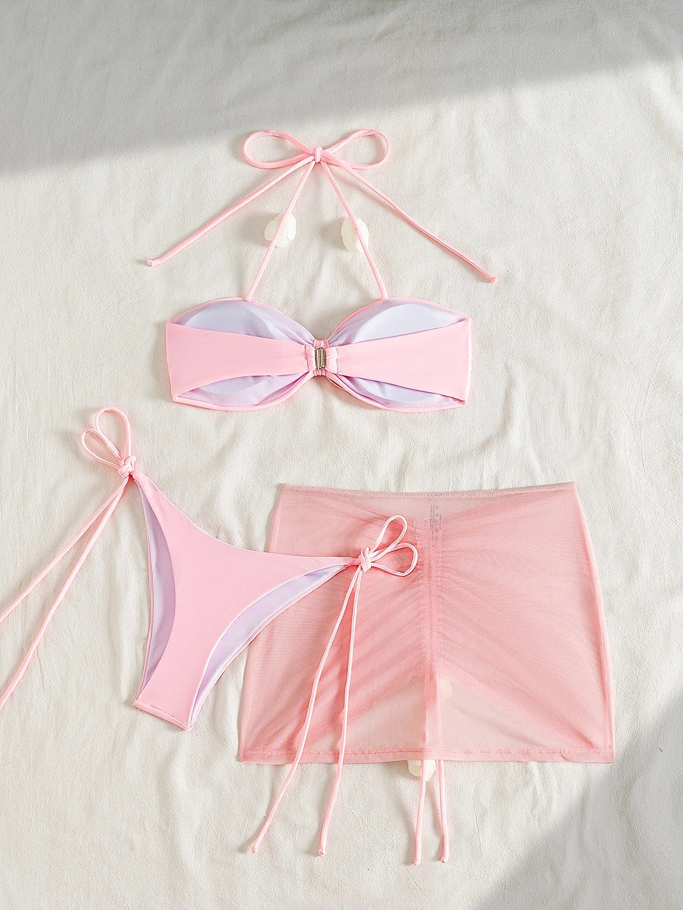 Women's 3 Piece Bikini Set Pink 3D Flower Chest Knot with Drawstring Skirt Swimsuit Outfit