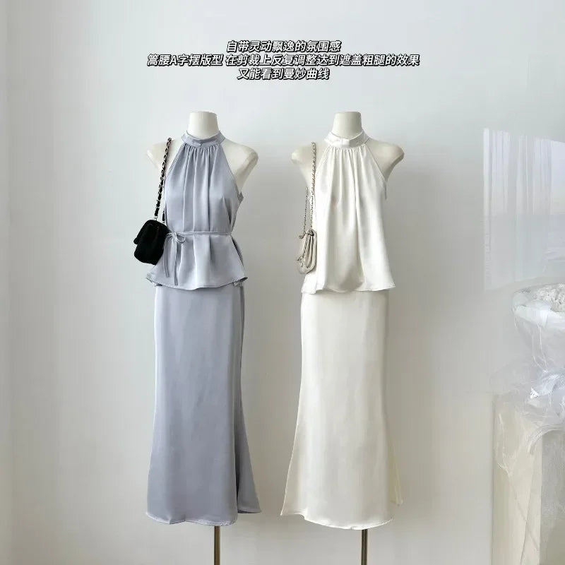 Sweet Hot Girl Casual Suit Women's Summer Satin Sleeveless Top High Waist Long Skirt Two-piece Set Fashion Female Clothes