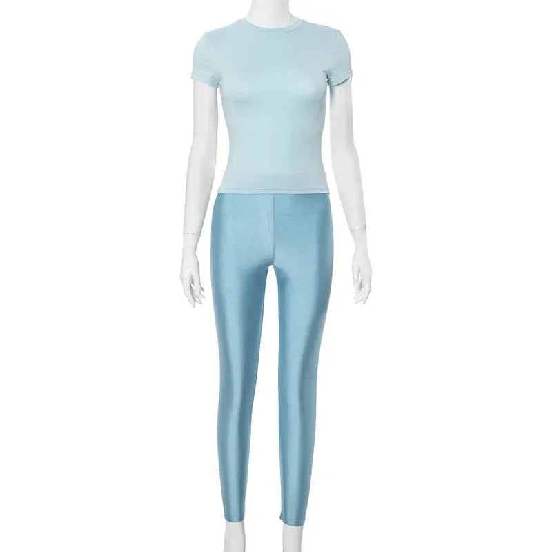 Casual Women 2 Piece Set Tracksuit Shorts Sleeve Crop Tops+Silky Leggings Matching