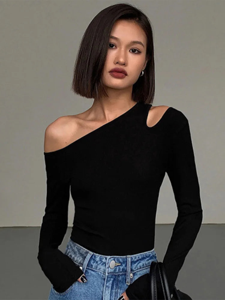 Skew Collar Off-shoulder Long-sleeved T-shirts Women Spring New Solid Slim Fit Crop Top Sexy Hollow Out Tees Shirts