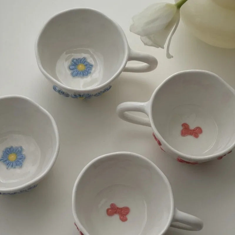 Hand Pinched Irregular Ceramic Hand-drawn Daisy Milk Tea Cup Pink Bow