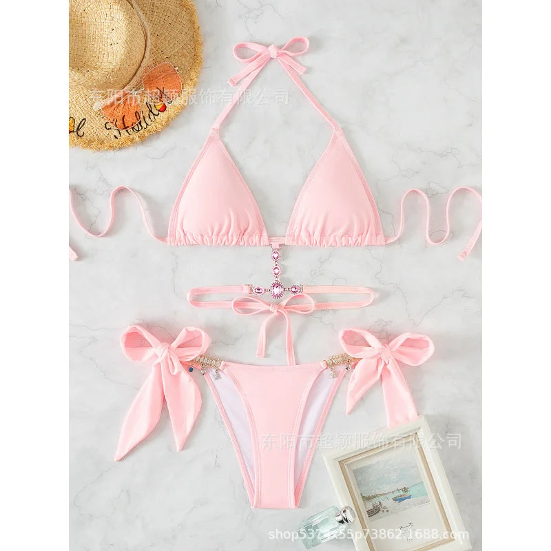 Women's Swimwear Crystal Diamond Triangle Bandage Backless Beach Bikini Swimsuit