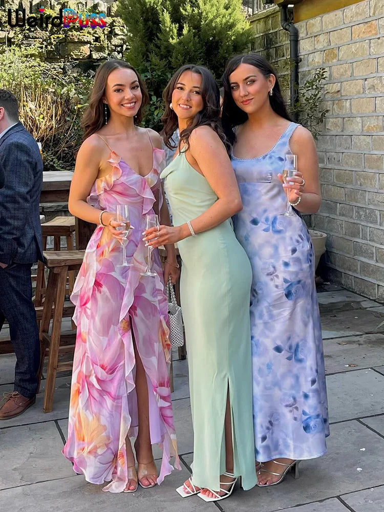 Flower Print Woman Summer Strapless Splits Irregular Tassel Patchwork Backless Skinny Dress