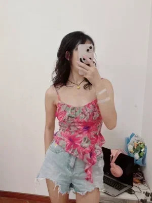 Girls Sweet Ruffles Mesh Camisole Top Lady Camis Sleeveless Printed Floral T shirts Stretch Slim Tanks For Slim Women