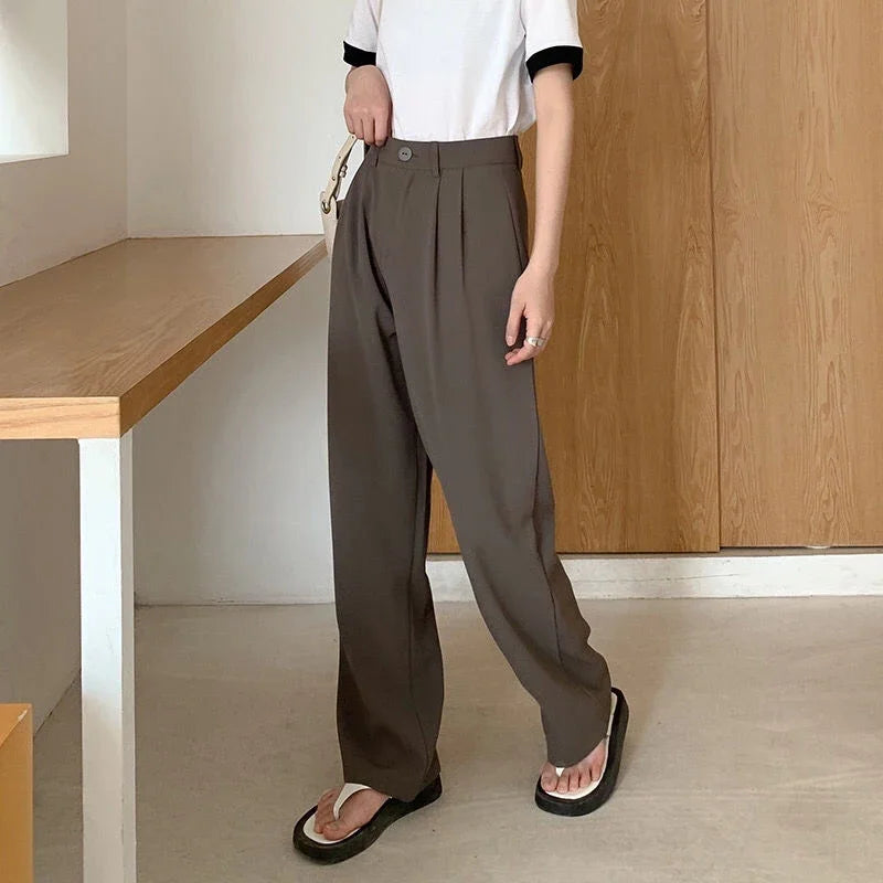 High Waist Women Suit Pants Fall Straight Office Ladies Fashion Trousers Casual Button Loose