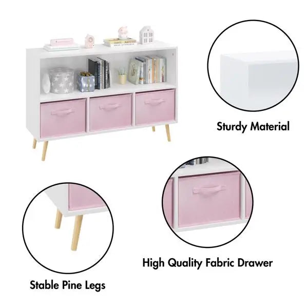 White/Pink Kids Bookcase with Collapsible Fabric Drawers, Children's Book Display, Toy Storage Cabinet Organizer