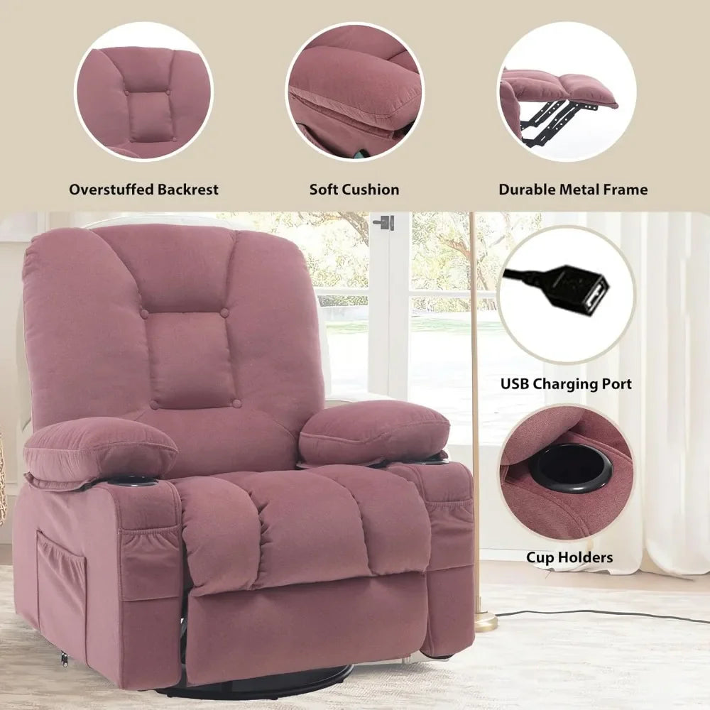 Recliner Chairs for Adults, Rocker Recliners with Massage and Heat, Overstuffed Fabric Swivel Glider with Cup Holder Side