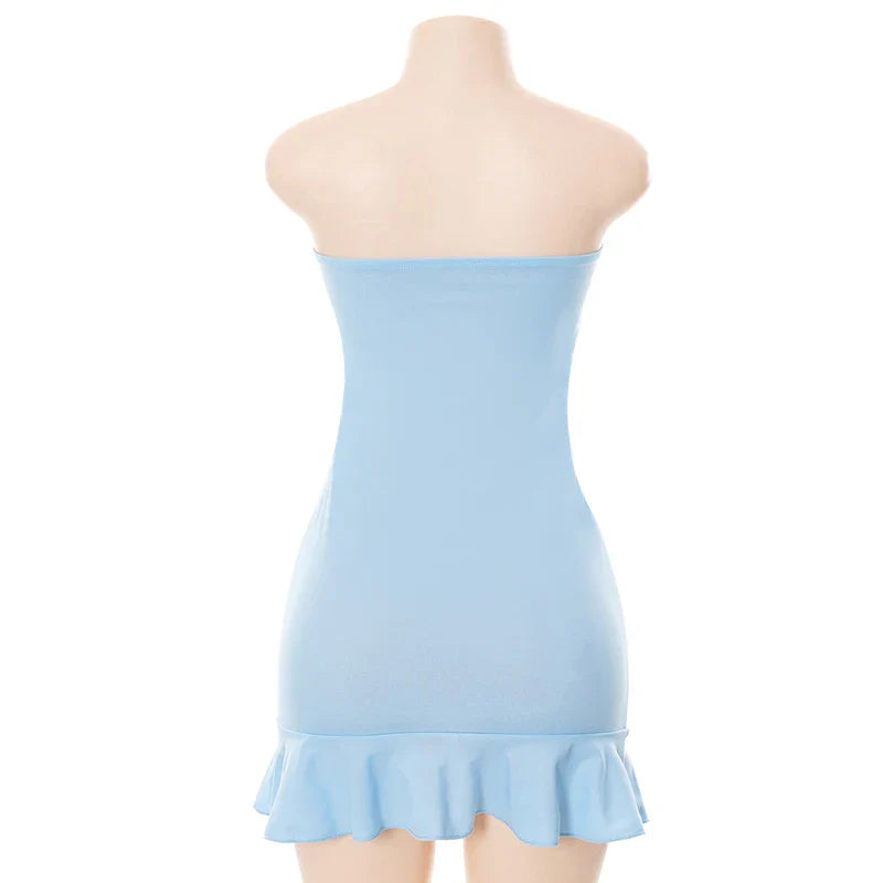 Women Soft Tender Slight Blue Strapless Wrap Hipster Mini Pleated Dress Pullover Sexy