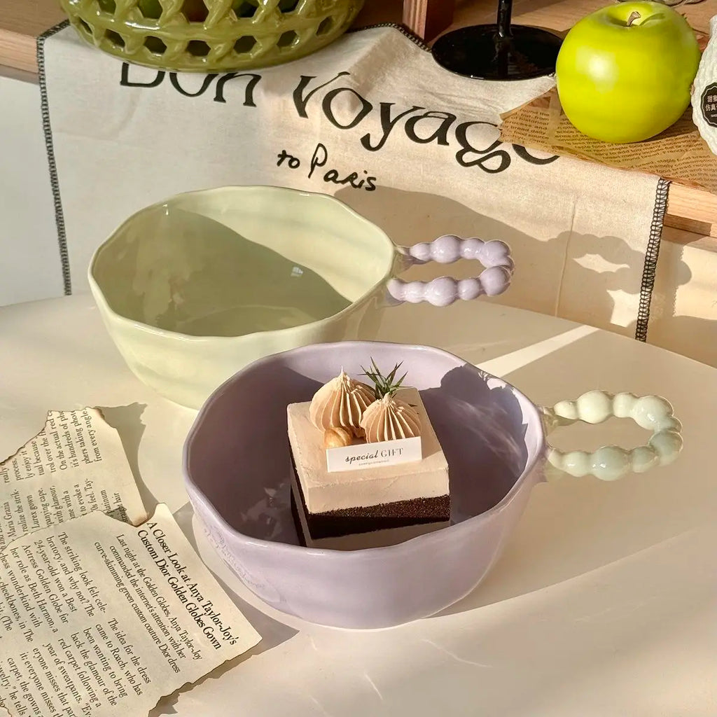 High Beauty Ceramic Instant Noodle Bowl with Pearl Handle Home Irregular Shape Cute Yogurt Bowls Fruit Dessert Tableware