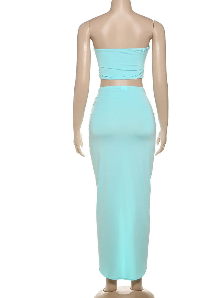 Sexy Women 2 Piece Set Coquette Hot Hollow Pleated Mini Tanks+Cross Maxi Skirts