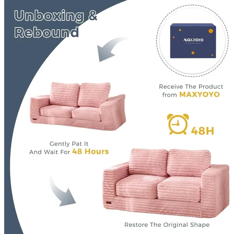 Two-Seat Bean Bag Sofa with Pillows and Armrests, Upholstered Loveseat in Pink, Comfortable Floor Seating