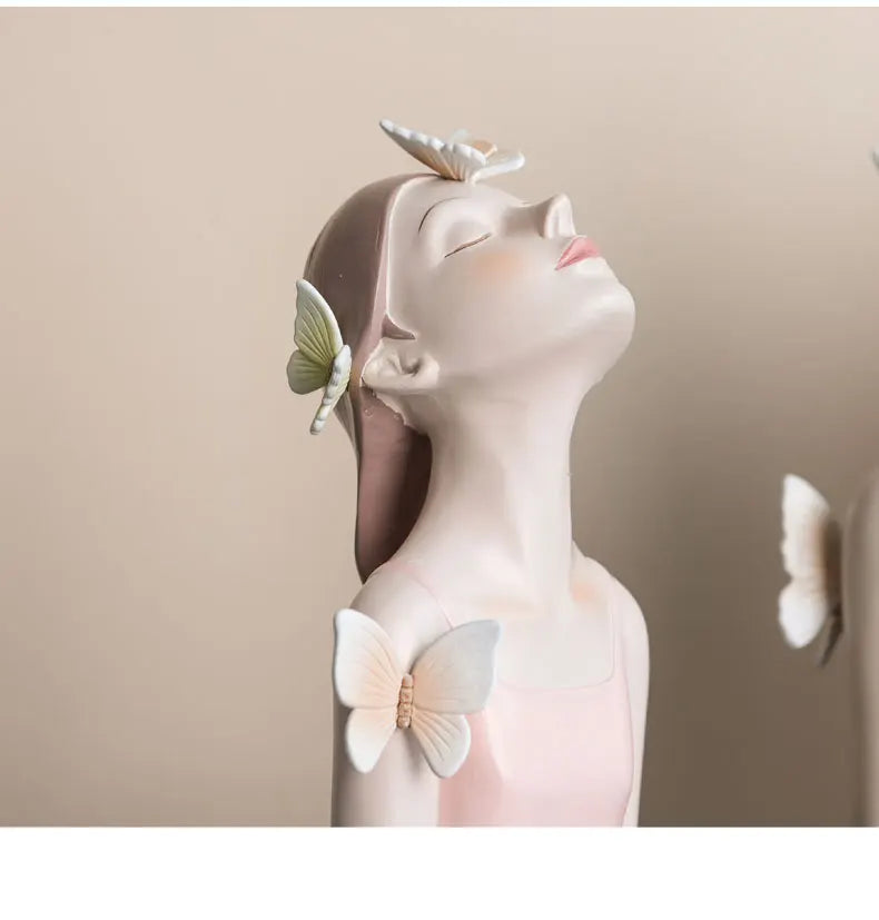 Pink Girl Butterfly Fairy Figurines, Resin Tabletop Statues, Creative Girl Bust With Butterflies, Home Decor Craft