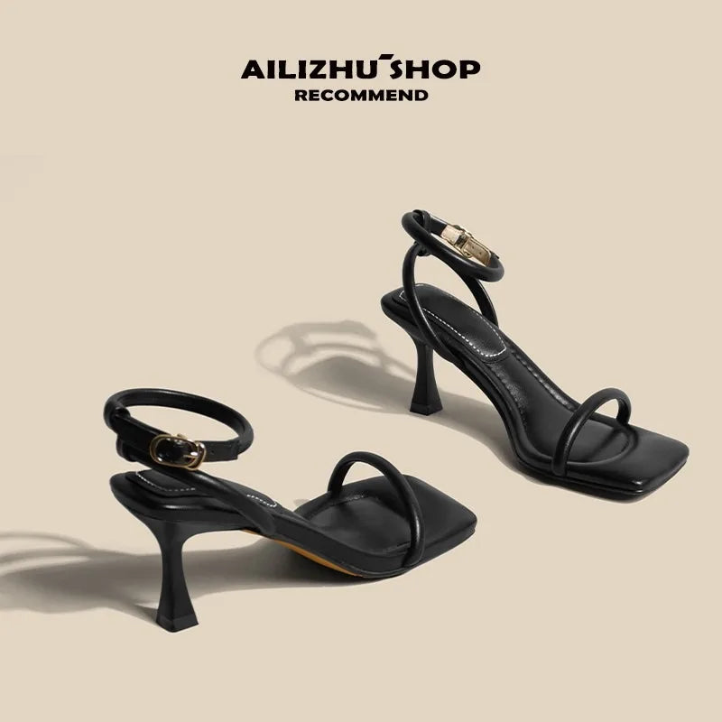 Women's High Heel Sandals Square Toe Thin Heels One-length Strip Open Toe Sandals